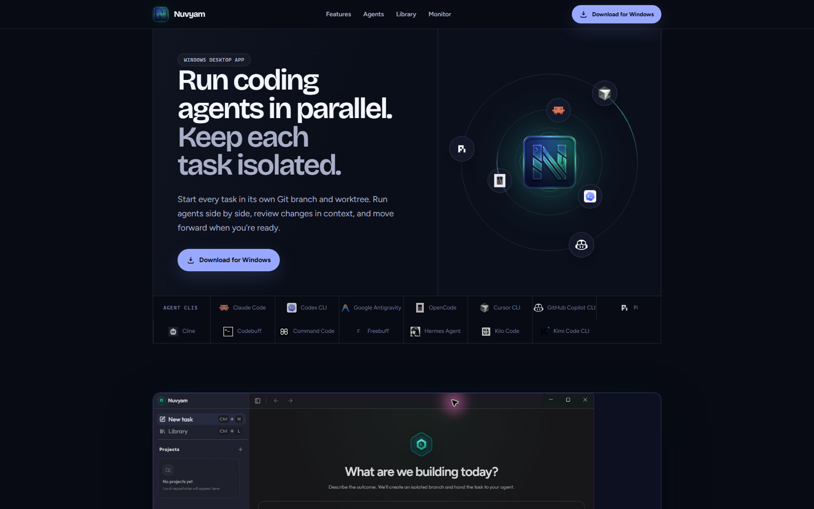 Nuvyam desktop workspace for parallel coding agents